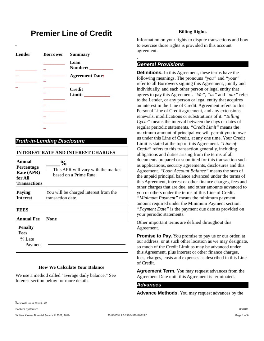 First page of a six-page line of credit agreement in RTF format