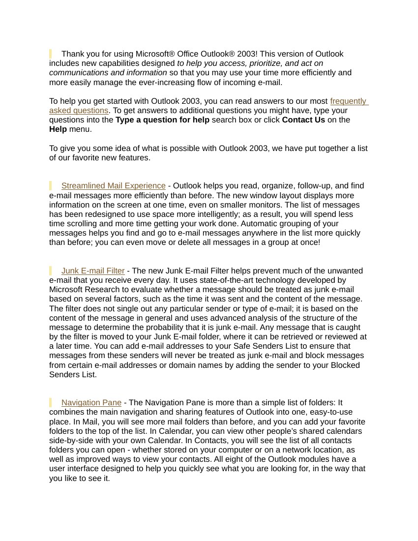 First page of a three-page Outlook feature guide in RTF format